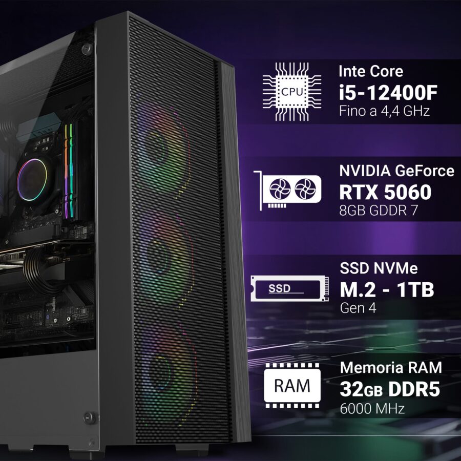 pc gaming fisso computer gaming intel i5 12400f • scheda video rtx 5060 8gb • ram 32gb ddr5 • ssd 1tb nvme m.2 • wi fi ac e bluetooth • hdmi e displayport • usb 3.2 • windows 11 pro