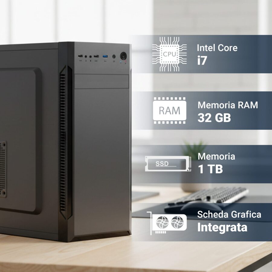 pc fisso completo computer desktop intel core i7 12700 • ram 32gb ddr4 • ssd 1tb nvme m.2 • grafica intel uhd 770 • wi fi ac e bluetooth • masterizzatore dvd • hdmi • usb 3.0 • windows 11 pro