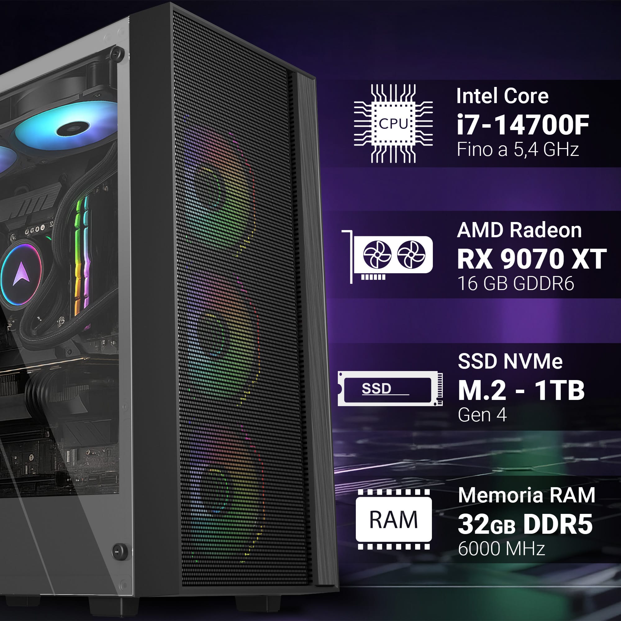 pc gaming fisso computer gaming intel i7 14700f scheda video rx9070xt 16gb ram 32gb ddr5 ssd 1tb nvme m.2 wi fi 6e e bluetooth hdmi e displayport usb 3.2 windows 11 pro