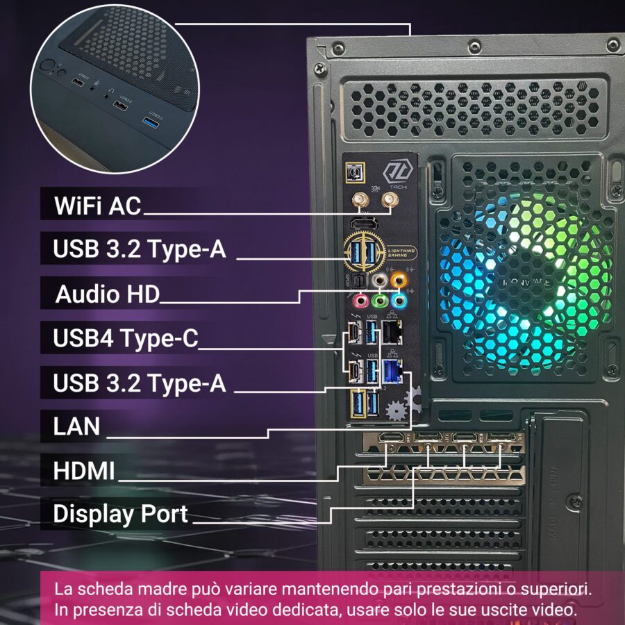 pc gaming fisso computer gaming intel i7 14700f • scheda video rtx 5070 12gb • ram 32gb ddr5 • ssd 1tb nvme • wi fi ac e bluetooth • hdmi e displayport • usb 3.2 • windows 11 pro