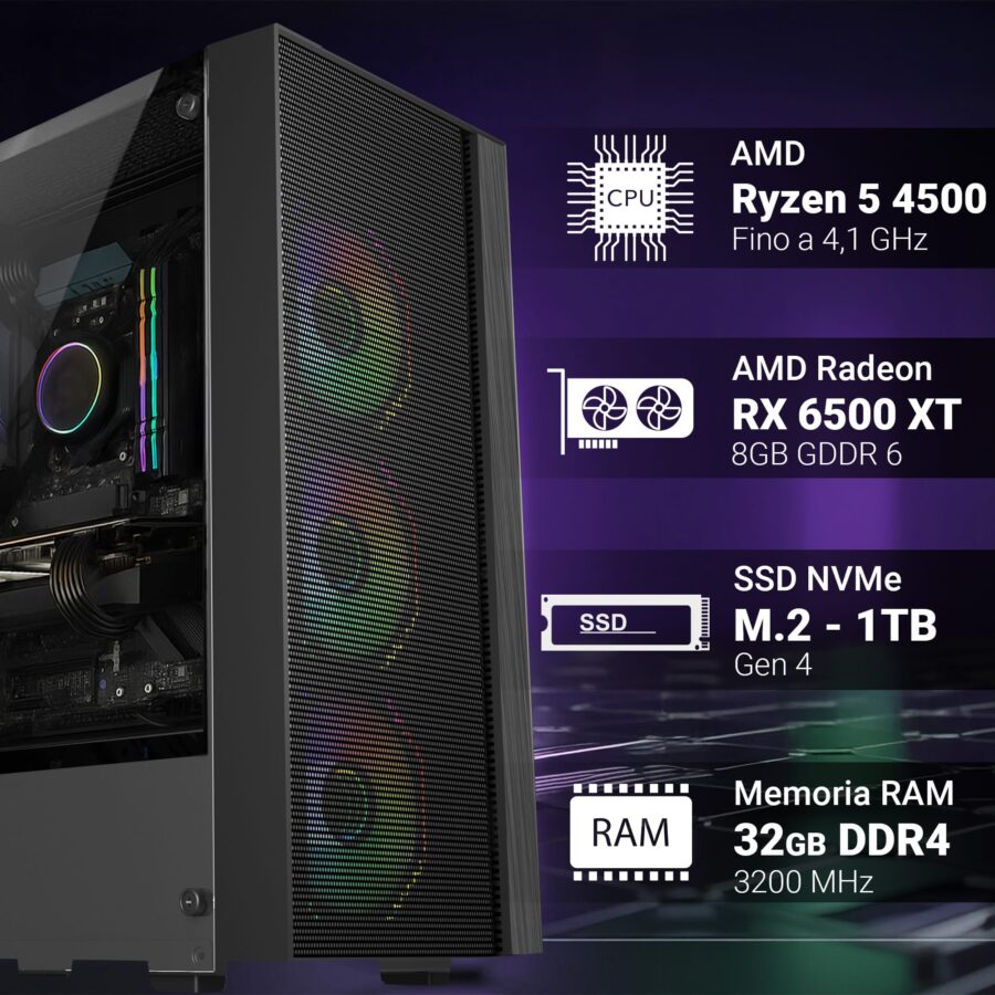 pc gaming fisso computer gaming amd ryzen 5 4500 • scheda video rx 6500xt 8gb • ram 32gb ddr4 • ssd 1tb nvme • wi fi ac e bluetooth • hdmi e displayport • usb 3.0 • windows 11 pro