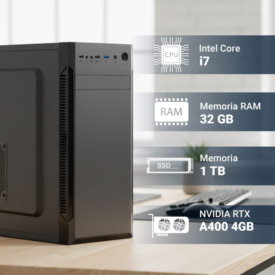pc fisso completo computer desktop intel core i7 12700 • ram 32gb ddr4 • ssd 1tb nvme m.2 • scheda video rtx a400 4gb • wi fi ac e bluetooth • masterizzatore dvd • hdmi • usb 3.0 • windows 11 pro