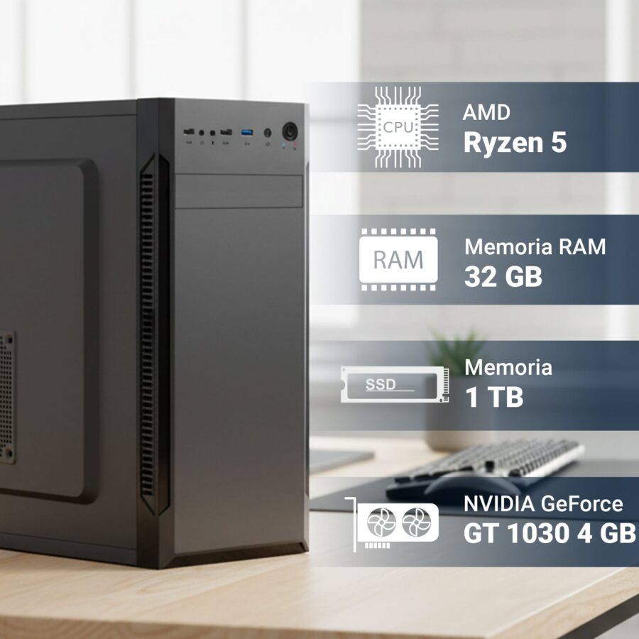 pc fisso completo computer desktop amd ryzen 5 4500 • ram 32gb ddr4 • 1tb nvme m.2 • scheda video geforce gt 1030 4gb • wi fi ac e bluetooth • masterizzatore dvd • hdmi • usb 3.0 • windows 11 pro