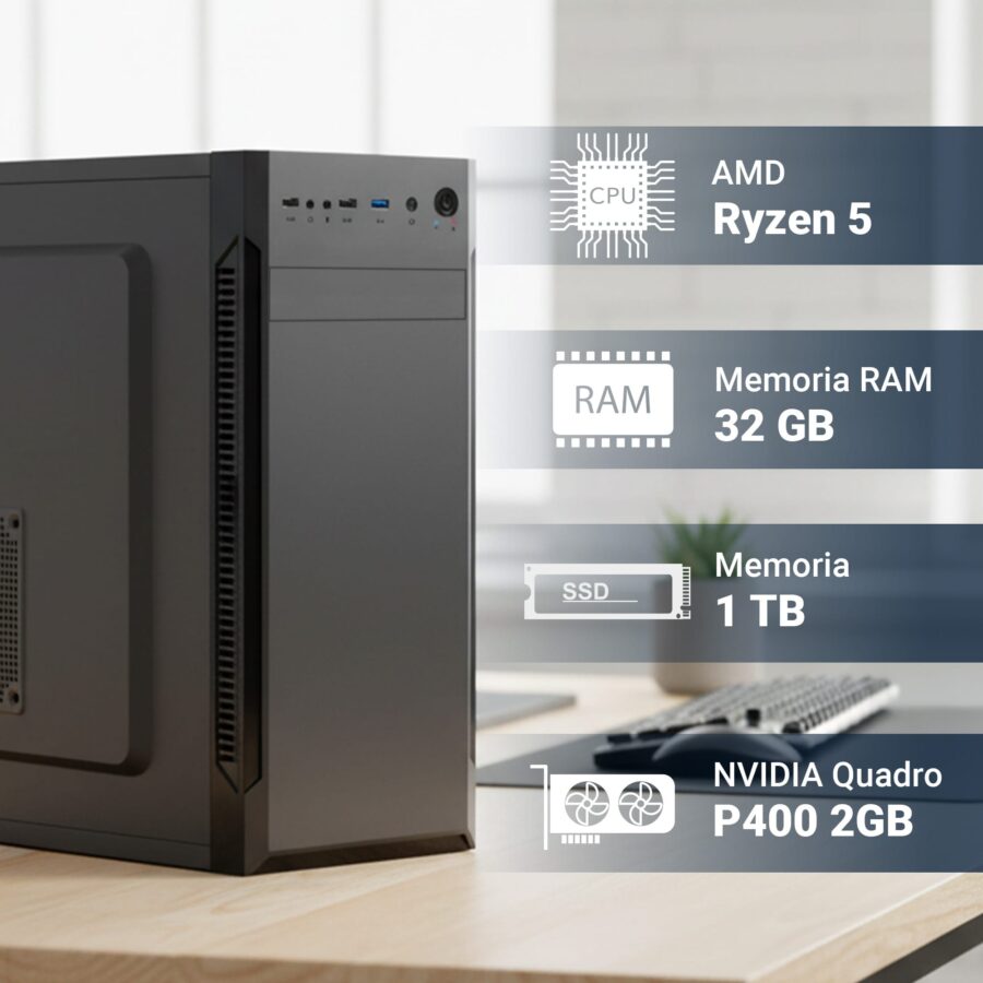 pc fisso completo computer desktop amd ryzen 5 4500 • ram 32gb ddr4 • 1tb nvme m.2 • scheda video quadro p400 2gb • wi fi ac e bluetooth • masterizzatore dvd • hdmi • usb 3.0 • windows 11 pro
