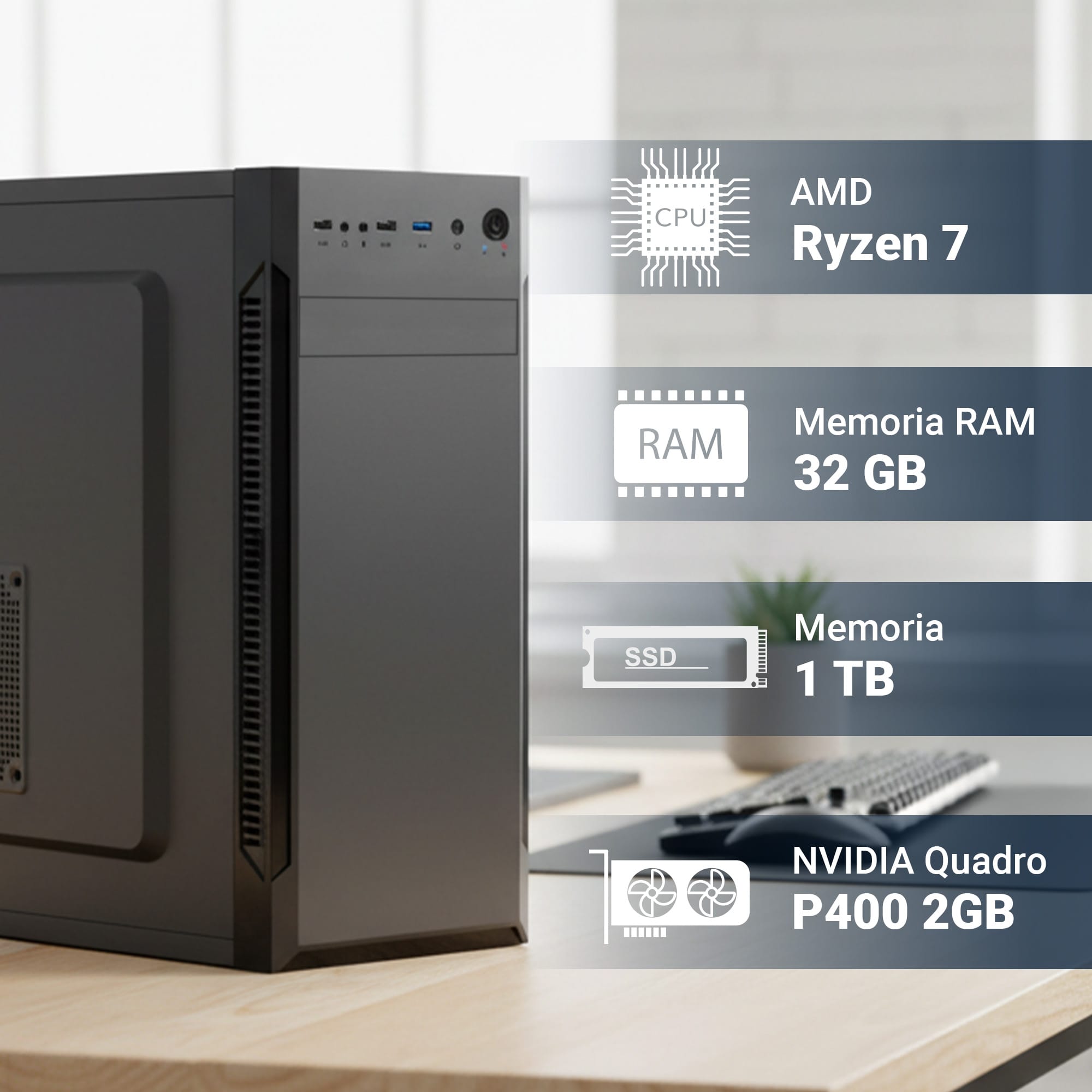 pc fisso completo computer desktop amd ryzen 7 5700x • ram 32gb ddr4 • 1tb nvme m.2 • scheda video quadro p400 2gb • wi fi ac e bluetooth • masterizzatore dvd • hdmi • usb 3.0 • windows 11 pro