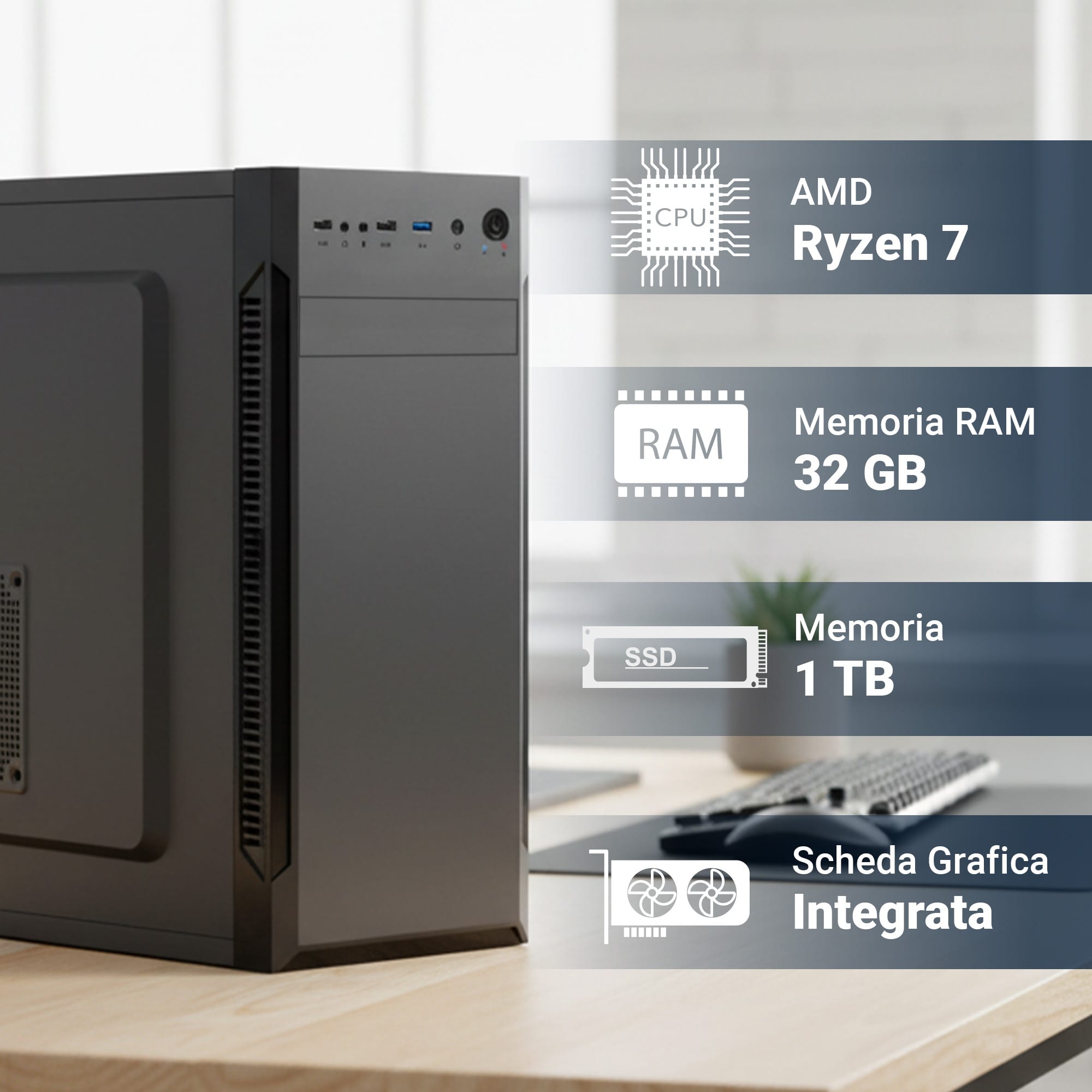 pc fisso completo computer desktop amd ryzen 7 5700g • ram 32gb ddr4 • ssd 1tb nvme m.2 • grafica radeon vega 8 • wi fi ac e bluetooth • masterizzatore dvd • hdmi • usb 3.0 • windows 11 pro