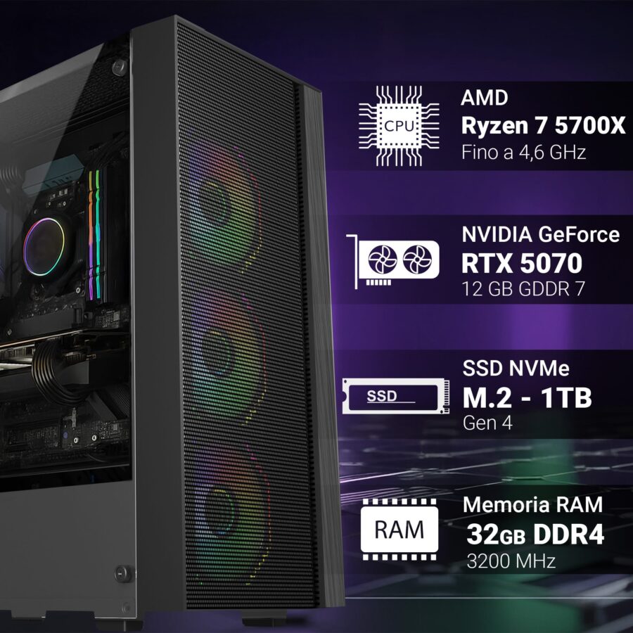pc gaming fisso computer gaming amd ryzen 7 5700x • scheda video rtx 5070 12gb • ram 32gb ddr4 • ssd 1tb nvme • wi fi ac e bluetooth • hdmi e displayport • usb 3.0 • windows 11 pro