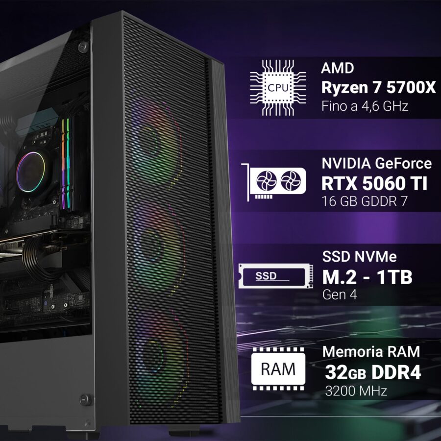 pc gaming fisso computer gaming amd ryzen 7 5700x • scheda video rtx 5060ti 16gb • ram 32gb ddr4 • ssd 1tb nvme m.2 • wi fi ac e bluetooth • hdmi e displayport • usb 3.0 • windows 11 pro