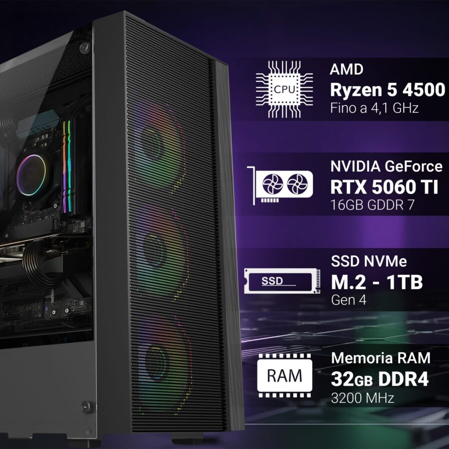 pc gaming fisso computer gaming amd ryzen 5 4500 • scheda video rtx 5060ti 16gb • ram 32gb ddr4 • ssd 1tb nvme m.2 • wi fi ac e bluetooth • hdmi e displayport • usb 3.0 • windows 11 pro