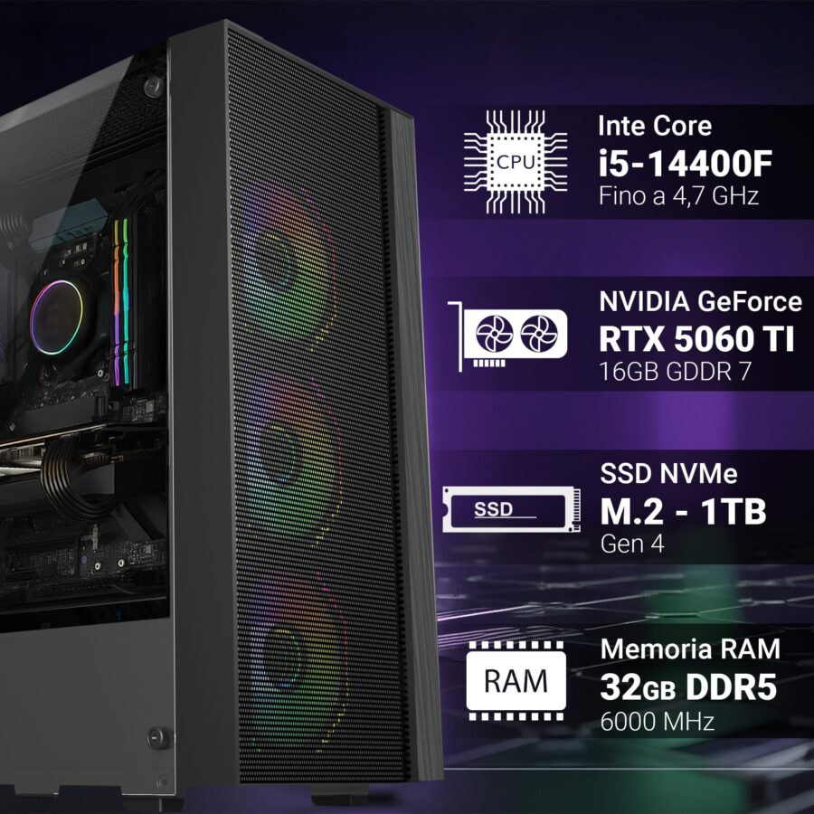pc gaming fisso computer gaming intel i5 14400f • scheda video rtx 5060ti 16gb • ram 32gb ddr5 • ssd 1tb nvme m.2 • wi fi ac e bluetooth • hdmi e displayport • usb 3.2 • windows 11 pro