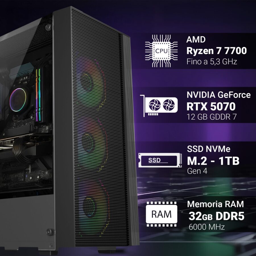 pc gaming fisso computer gaming amd ryzen 7 7700 • scheda video rtx 5070 12gb • ram 32gb ddr5 • ssd 1tb nvme • wi fi ac e bluetooth • hdmi e displayport • usb 3.2 • windows 11 pro