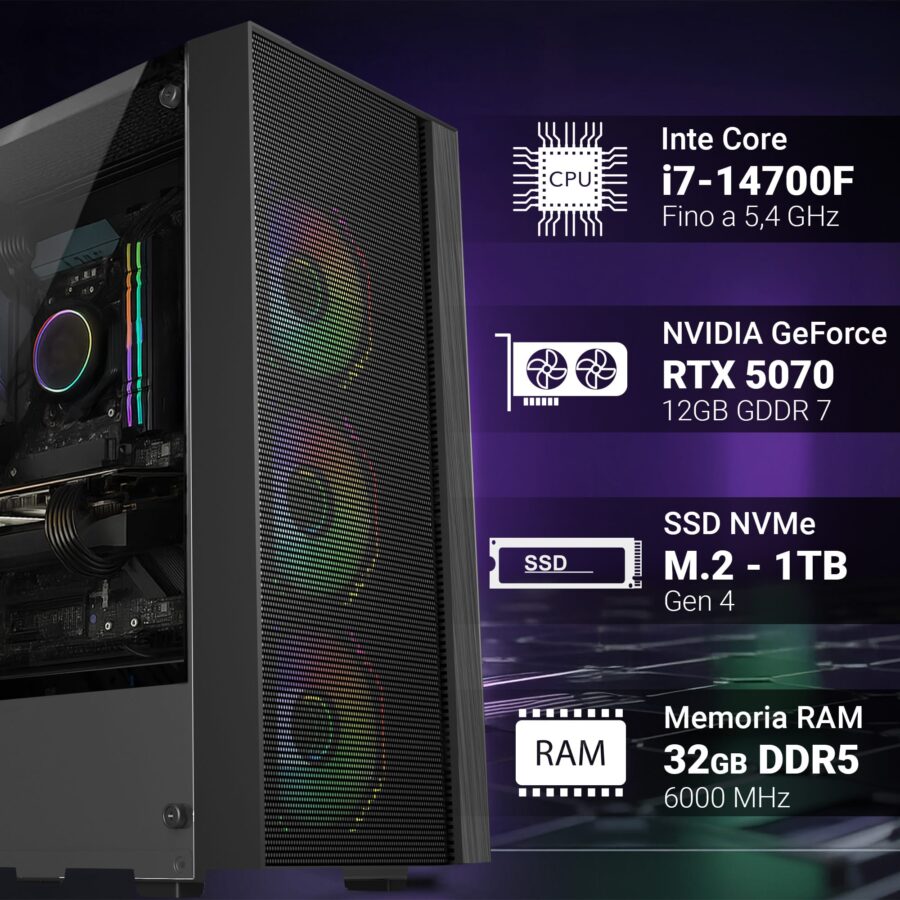pc gaming fisso computer gaming intel i7 14700f • scheda video rtx 5070 12gb • ram 32gb ddr5 • ssd 1tb nvme • wi fi ac e bluetooth • hdmi e displayport • usb 3.2 • windows 11 pro