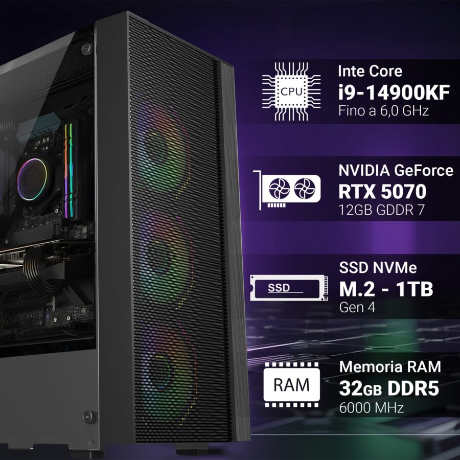 pc gaming fisso computer gaming intel i9 14900kf • scheda video rtx 5070 12gb • ram 32gb ddr5 • ssd 1tb nvme • wi fi ac e bluetooth • hdmi e displayport • usb 3.2 • windows 11 pro