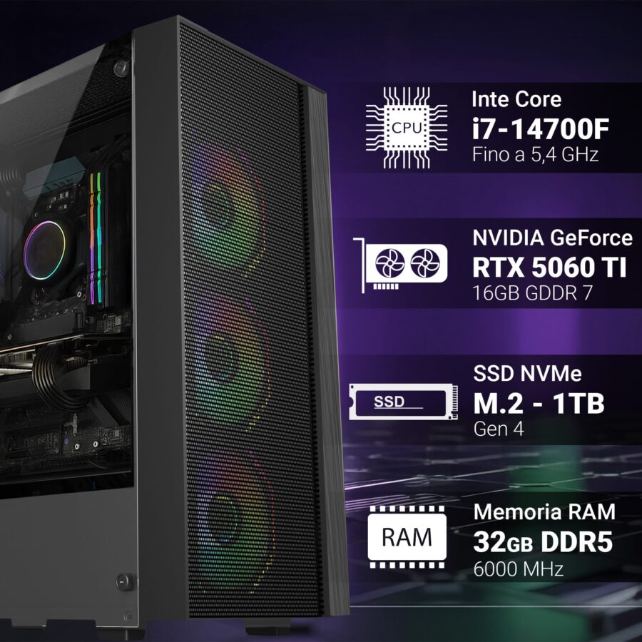 pc gaming fisso computer gaming intel i7 14700f • scheda video rtx 5060ti 16gb • ram 32gb ddr5 • ssd 1tb nvme m.2 • wi fi ac e bluetooth • hdmi e displayport • usb 3.2 • windows 11 pro
