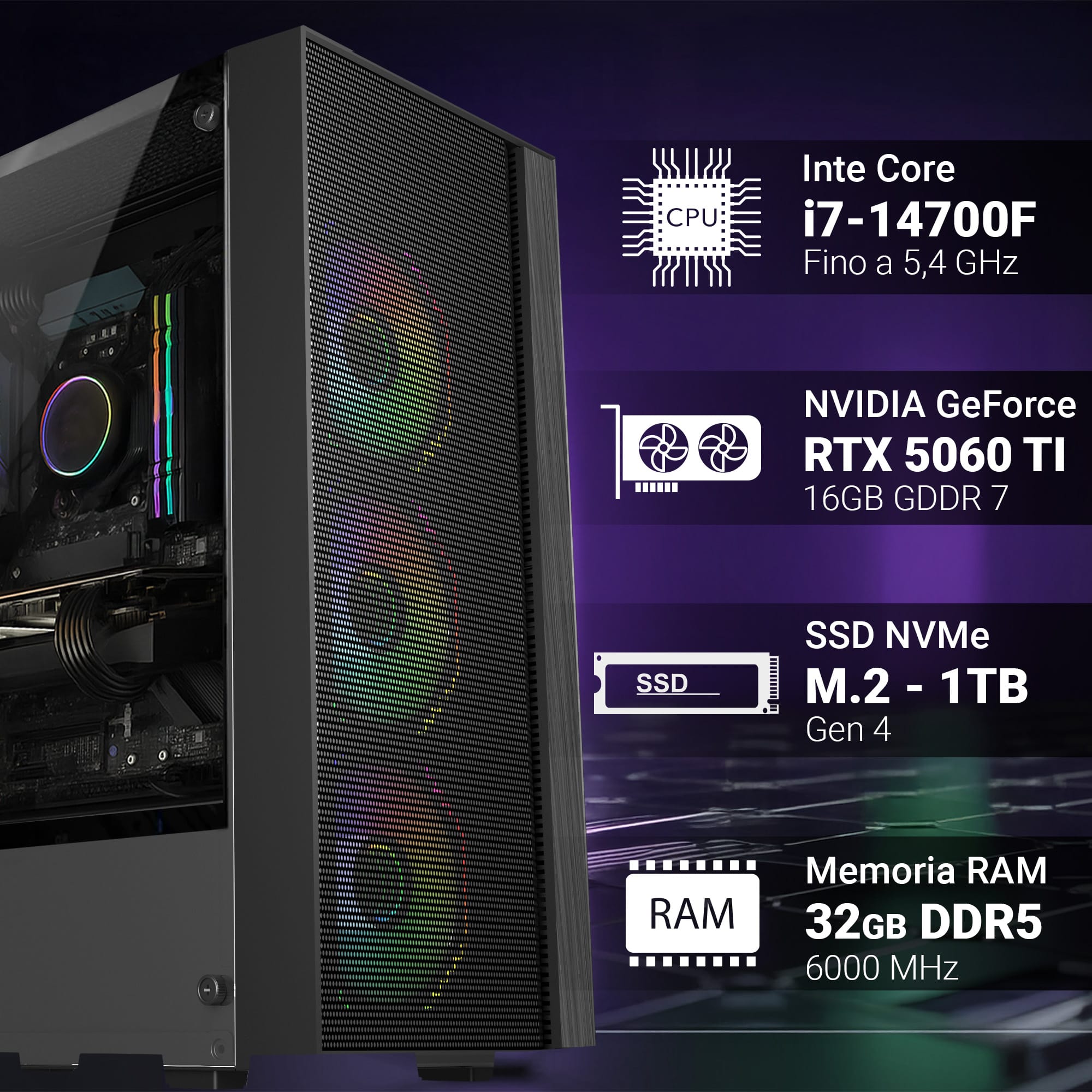 pc gaming fisso computer gaming intel i7 14700f • scheda video rtx 5060ti 16gb • ram 32gb ddr5 • ssd 1tb nvme m.2 • wi fi ac e bluetooth • hdmi e displayport • usb 3.2 • windows 11 pro