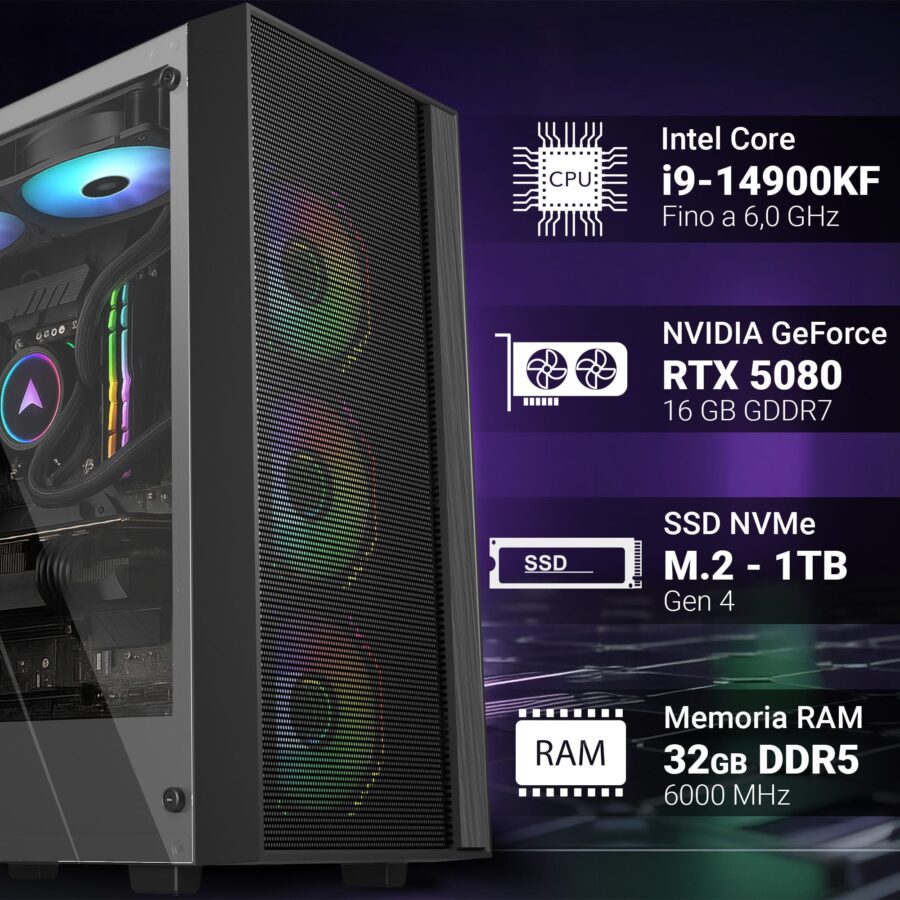 pc gaming fisso computer gaming intel i9 14900kf • scheda video rtx 5080 16gb • ram 32gb ddr5 • ssd 1tb nvme m.2 • wi fi 6e e bluetooth • hdmi e displayport • usb 3.2 • windows 11 pro