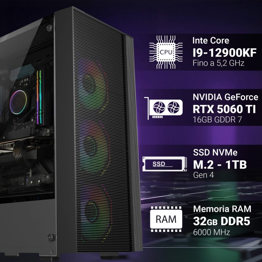 pc gaming fisso computer gaming intel i9 12900kf • scheda video rtx 5060ti 16gb • ram 32gb ddr5 • ssd 1tb nvme m.2 • wi fi ac e bluetooth • hdmi e displayport • usb 3.2 • windows 11 pro