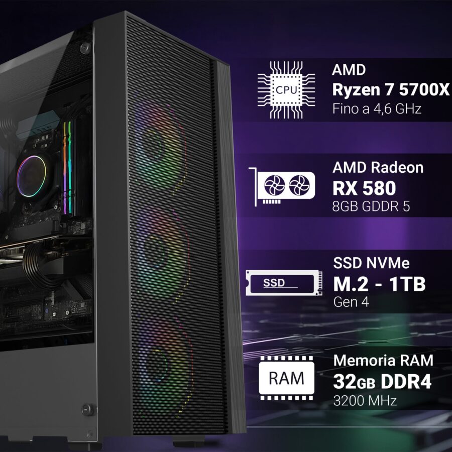pc gaming fisso computer gaming amd ryzen 7 5700x • scheda video rx 580 8gb • ram 32gb ddr4 • ssd 1tb nvme • wi fi ac e bluetooth • hdmi e displayport • usb 3.0 • windows 11 pro