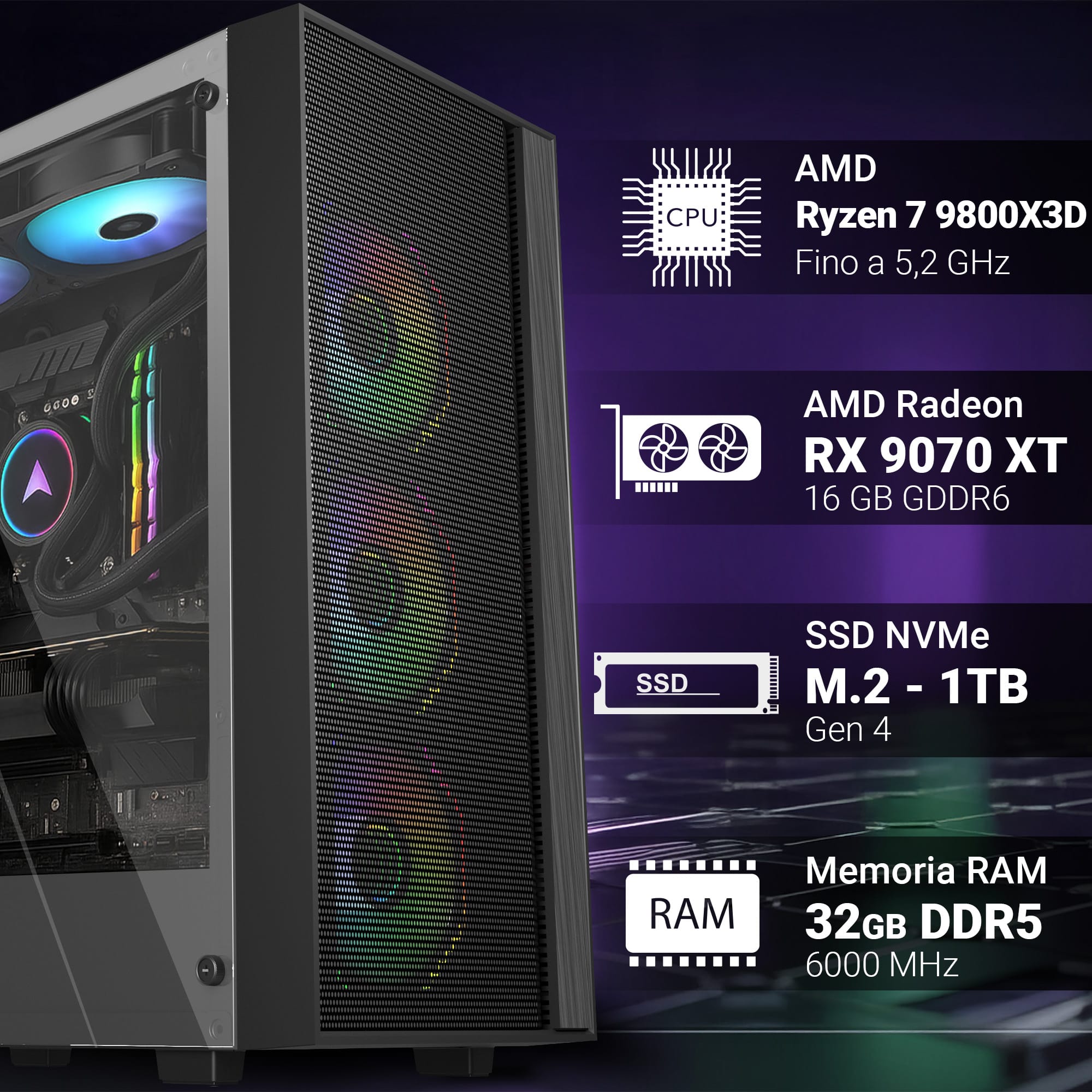 pc gaming fisso computer gaming amd ryzen 7 9800x3d • scheda video rx9070xt 16gb • ram 32gb ddr5 • ssd 1tb nvme m.2 • wi fi ac e bluetooth • hdmi e displayport • usb 3.2 • windows 11 pro