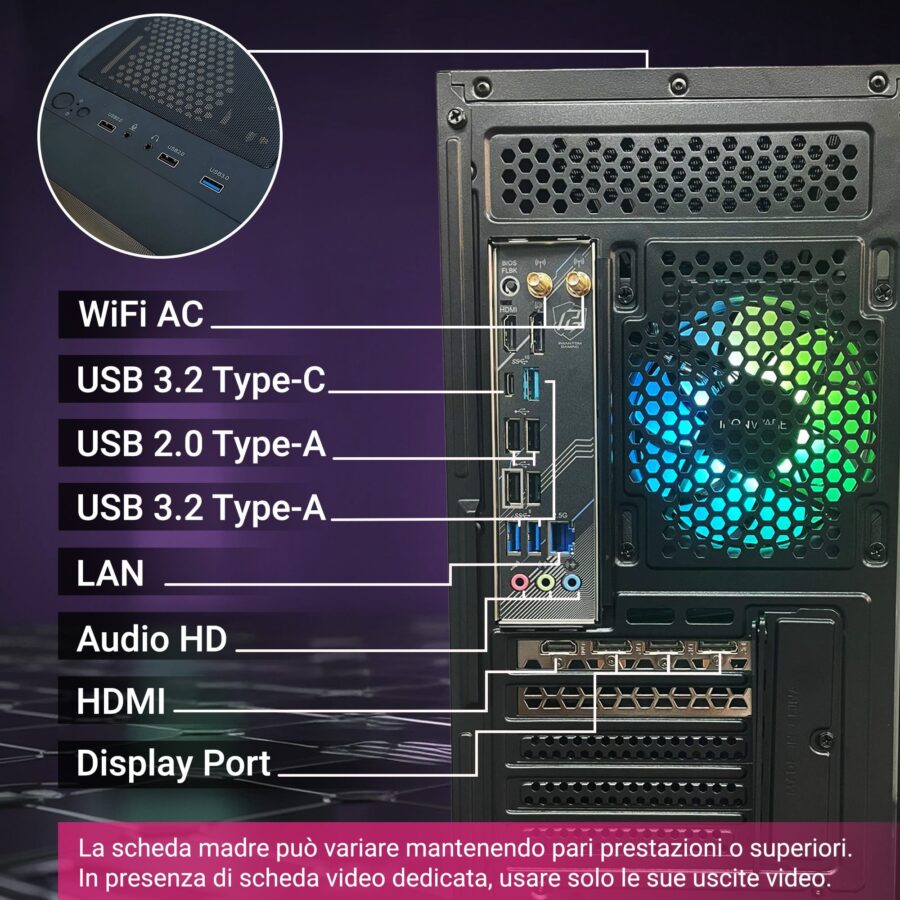 pc gaming fisso computer gaming amd ryzen 7 9800x3d • scheda video rx9070xt 16gb • ram 32gb ddr5 • ssd 1tb nvme m.2 • wi fi ac e bluetooth • hdmi e displayport • usb 3.2 • windows 11 pro