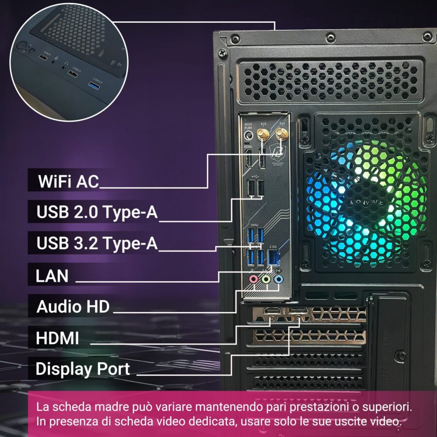 pc gaming fisso computer gaming amd ryzen 7 5700x • scheda video rx 6500xt 8gb • ram 32gb ddr4 • ssd 1tb nvme • wi fi ac e bluetooth • hdmi e displayport • usb 3.0 • windows 11 pro