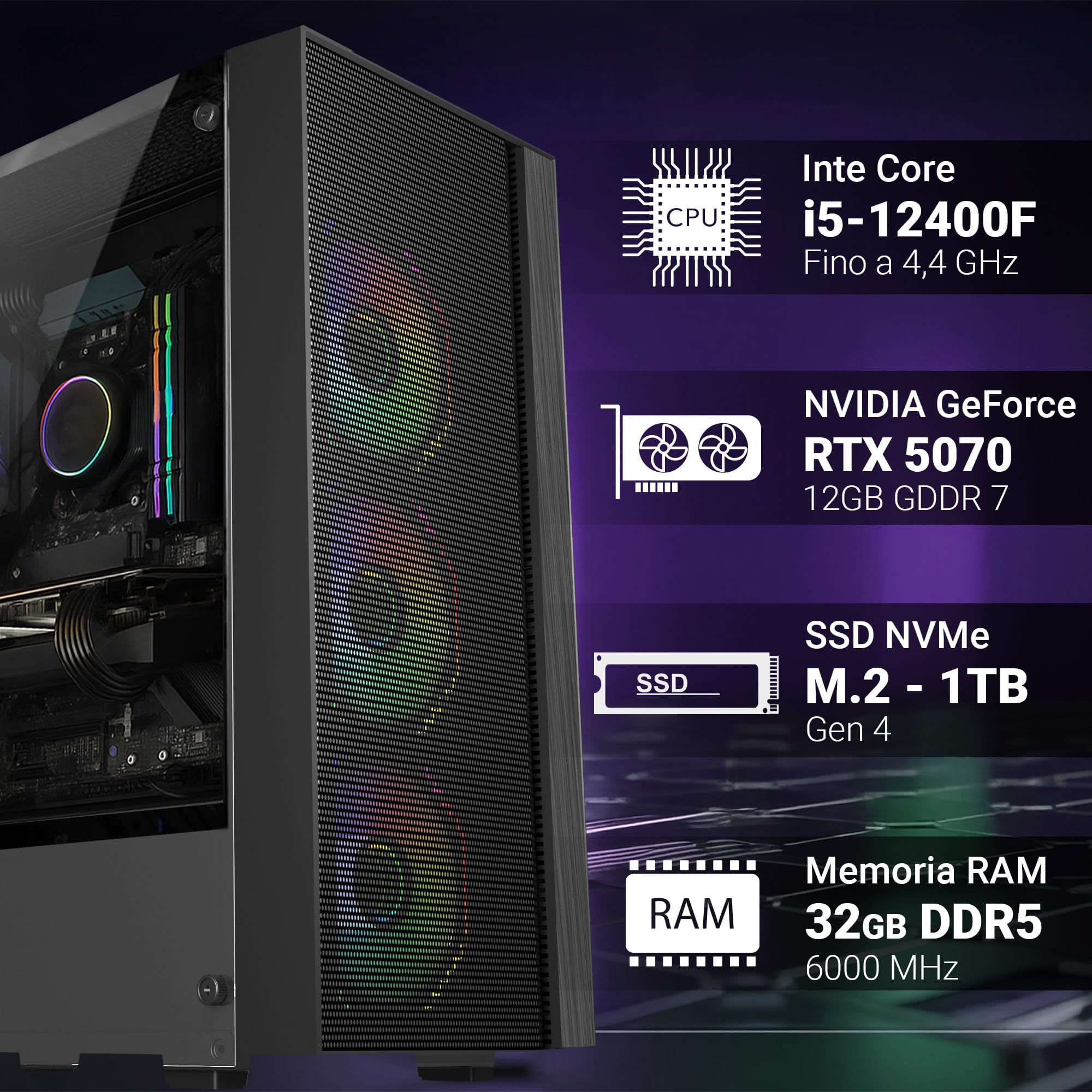 pc gaming fisso computer gaming intel i5 12400f • scheda video rtx 5070 12gb • ram 32gb ddr5 • ssd 1tb nvme • wi fi ac e bluetooth • hdmi e displayport • usb 3.2 • windows 11 pro