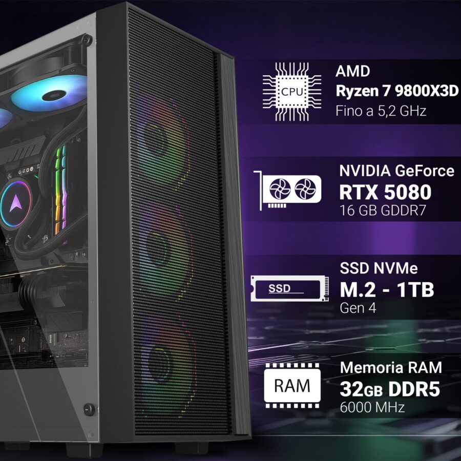 pc gaming fisso computer gaming amd ryzen 7 9800x3d • scheda video rtx 5080 16gb • ram 32gb ddr5 • ssd 1tb nvme m.2 • wi fi ac e bluetooth • hdmi e displayport • usb 3.2 • windows 11 pro