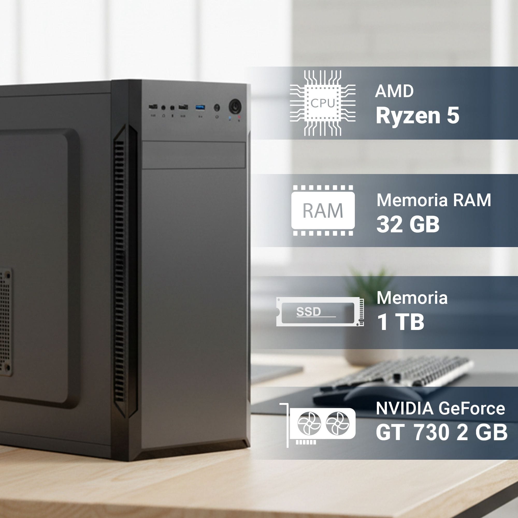 pc fisso ufficio amd ryzen 5 4500 ram 16 gb ddr4 ssd m.2 da 512gb scheda video gt 730 da 2gb con 4 hdmi utilizzabili contemporaneamente wifi interno ac+bt masterizzatore windows 11 pro