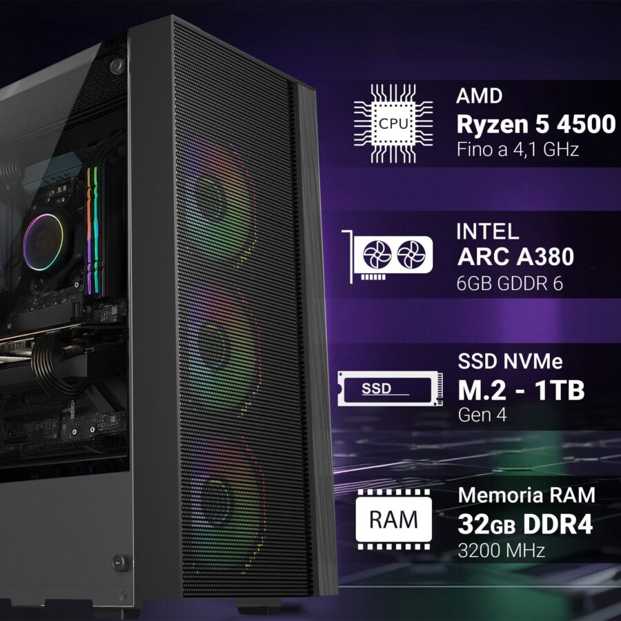 pc fisso gaming amd ryzen 5 4500 ram 32 gb ddr4 ssd m.2 1 tb scheda video dedicata intel arc a380 6gb wifi interno ac+bt windows 11 pro