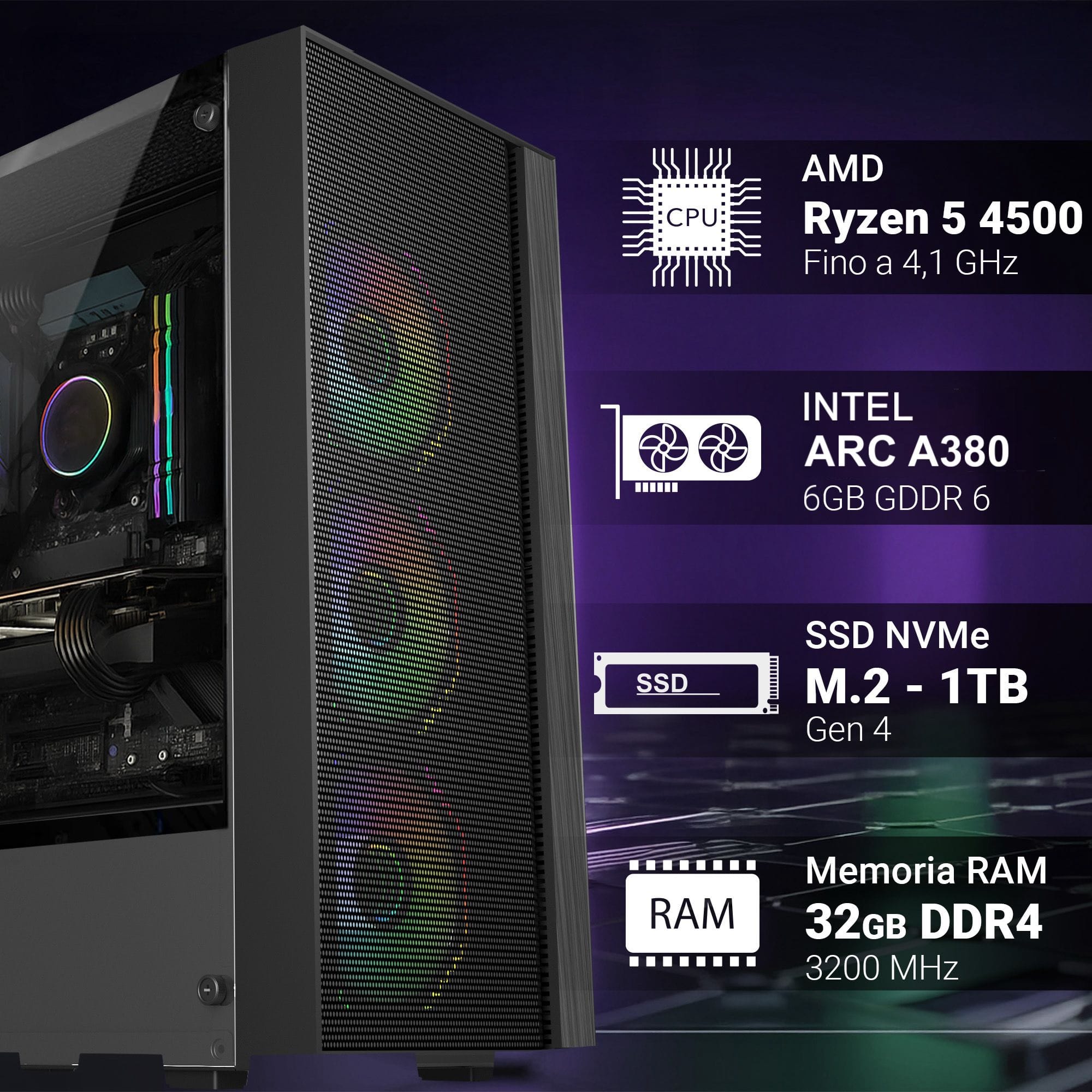 pc fisso gaming amd ryzen 5 4500 ram 32 gb ddr4 ssd m.2 1 tb scheda video dedicata intel arc a380 6gb wifi interno ac+bt windows 11 pro