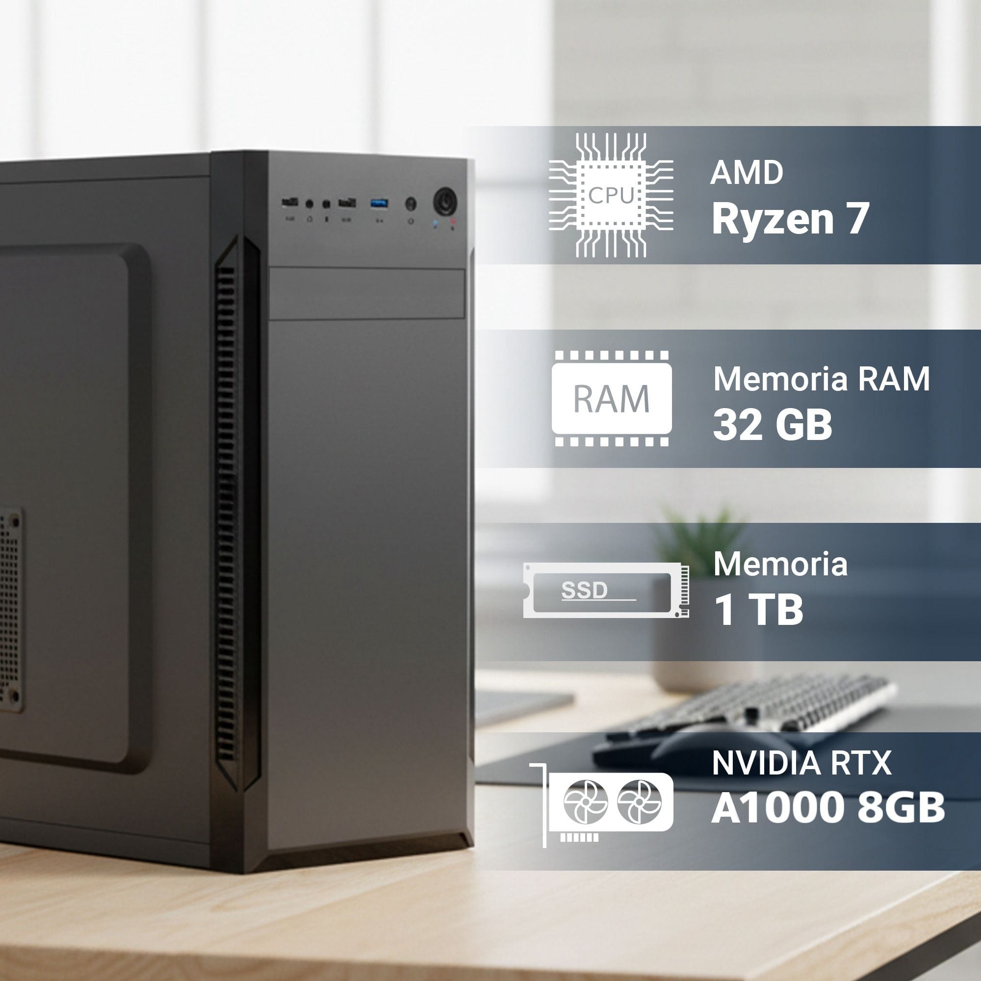 pc fisso amd ryzen 7 5700x ram 32 gb ddr4 ssd m.2 1 tb scheda video nvidia quadro rtx a1000 da 8 gb wifi interno ac+bt windows 11 pro