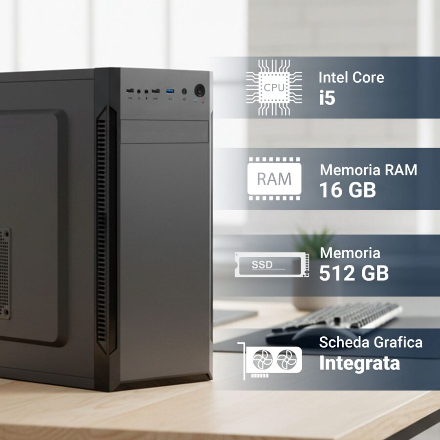 pc fisso intel i5 12600k ssd m.2 512 gb ram 16 gb scheda grafica integrata intel uhd 730 4k wifi interno ac+bt windows 11 pro