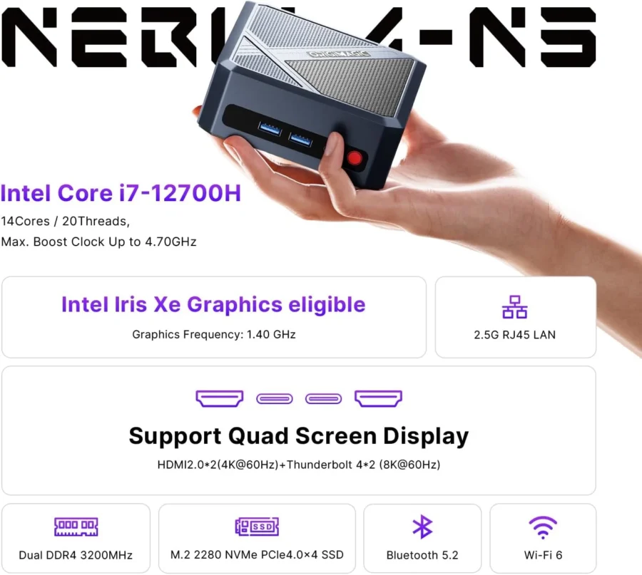 mini pc n3 i7 12700h ram 32gb ddr4 ssd m.2 nvme 512gb wifi6+bt5.2 windows 11